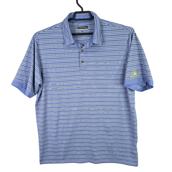 Mens Pebble Beach Blue Green White Striped Polo Shirt Short Sleeve Polyester XL - Picture 1 of 8